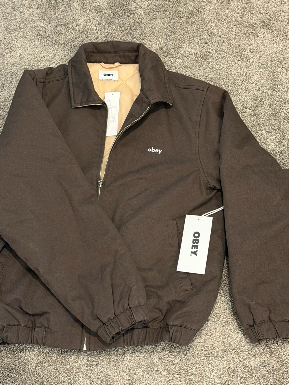 OBEY Brown Zip Shirt Jacket with Tan Quilted Lining